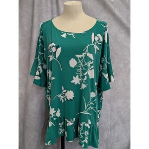 Ann Taylor Women XL Green White Floral Ruffle Hem Flutter Sleeve Tunic Blouse